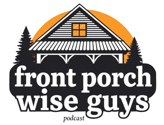 Logo for the podcast 'Front Porch Wise Guys' featuring a stylized house, trees, and the sun, with the text prominently displaying the podcast name.
